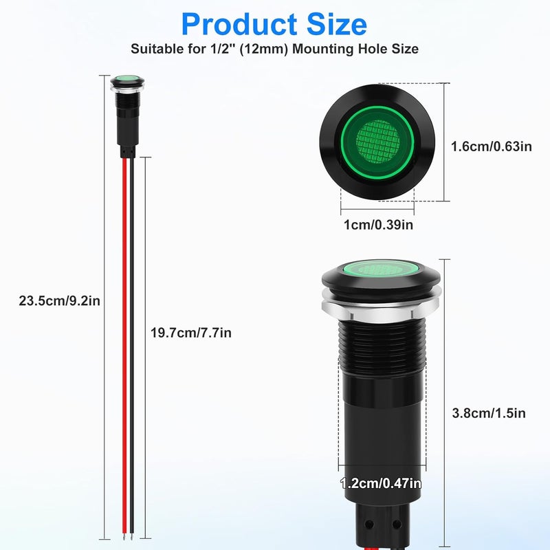 Linkstyle 4 قطع 12 مم (1/2") ضوء مؤشر LED، مصباح إشارة مقاوم للماء IP67، ملائم عالميًا بجهد 5V–125V مع رأس لوحة و سلك 18AWG (أخضر + أحمر) - Image 2